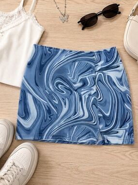 Wild Fable Blue Marble Swirl Print Mini Skirt Women Size 8 High Rise‎ Slit Denim